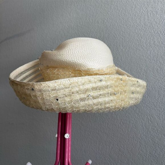 Women's Ivory Wide Brim Straw Hat with Sequins & Floral Appliqué - Picture 4 of 10